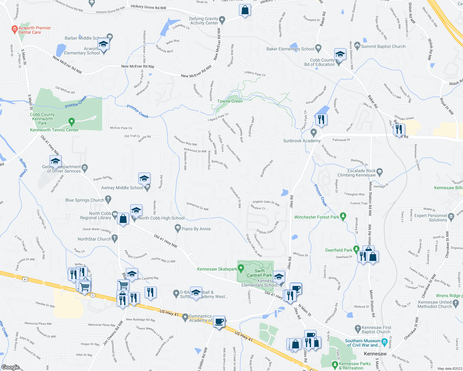 map of restaurants, bars, coffee shops, grocery stores, and more near 3174 Elmendorf Drive Northwest in Kennesaw