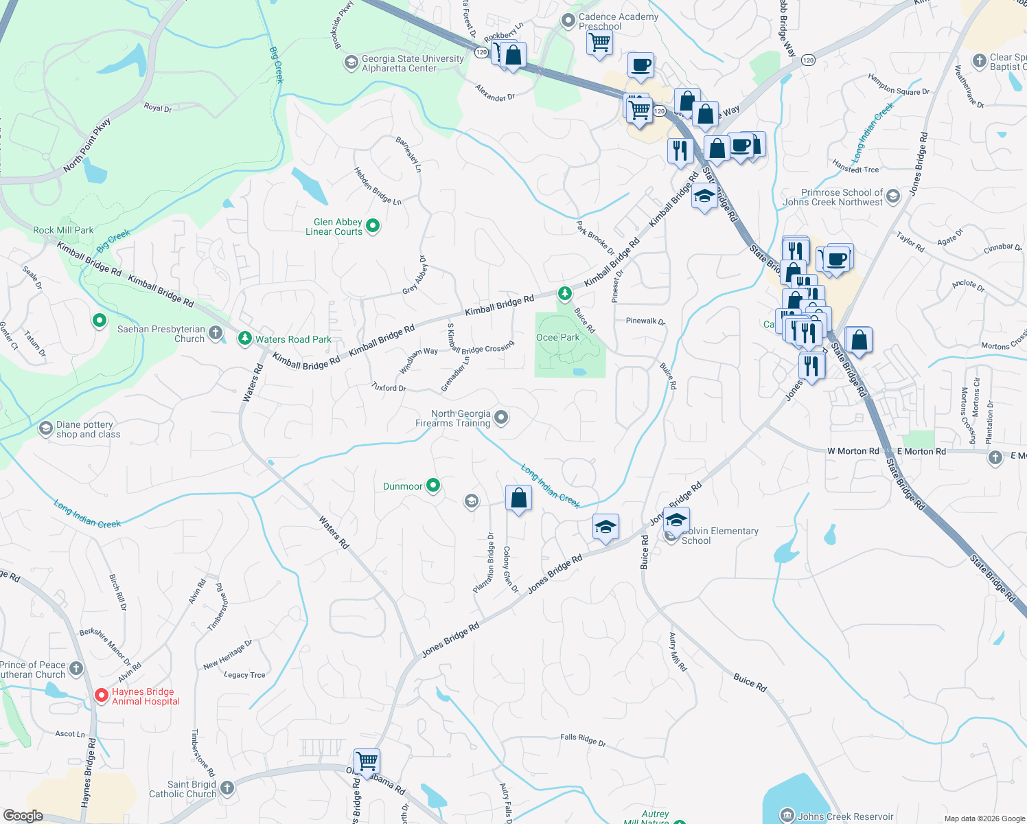 map of restaurants, bars, coffee shops, grocery stores, and more near 600 Montauk Way in Alpharetta