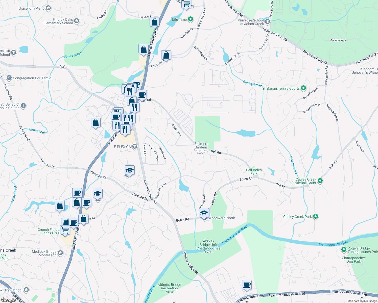 map of restaurants, bars, coffee shops, grocery stores, and more near 630 Weeping Branch Ct in Duluth