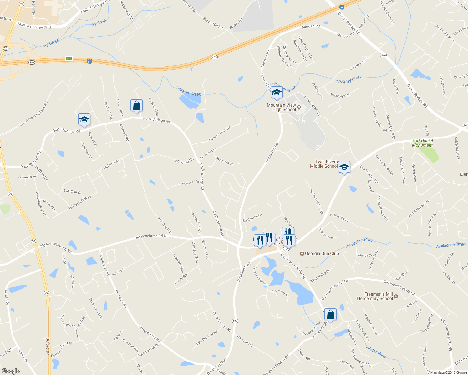map of restaurants, bars, coffee shops, grocery stores, and more near 2456 Battery Pointe Northeast in Lawrenceville
