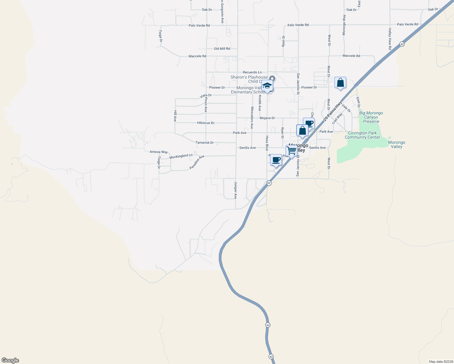 map of restaurants, bars, coffee shops, grocery stores, and more near 49247 Matzene Drive in Morongo Valley