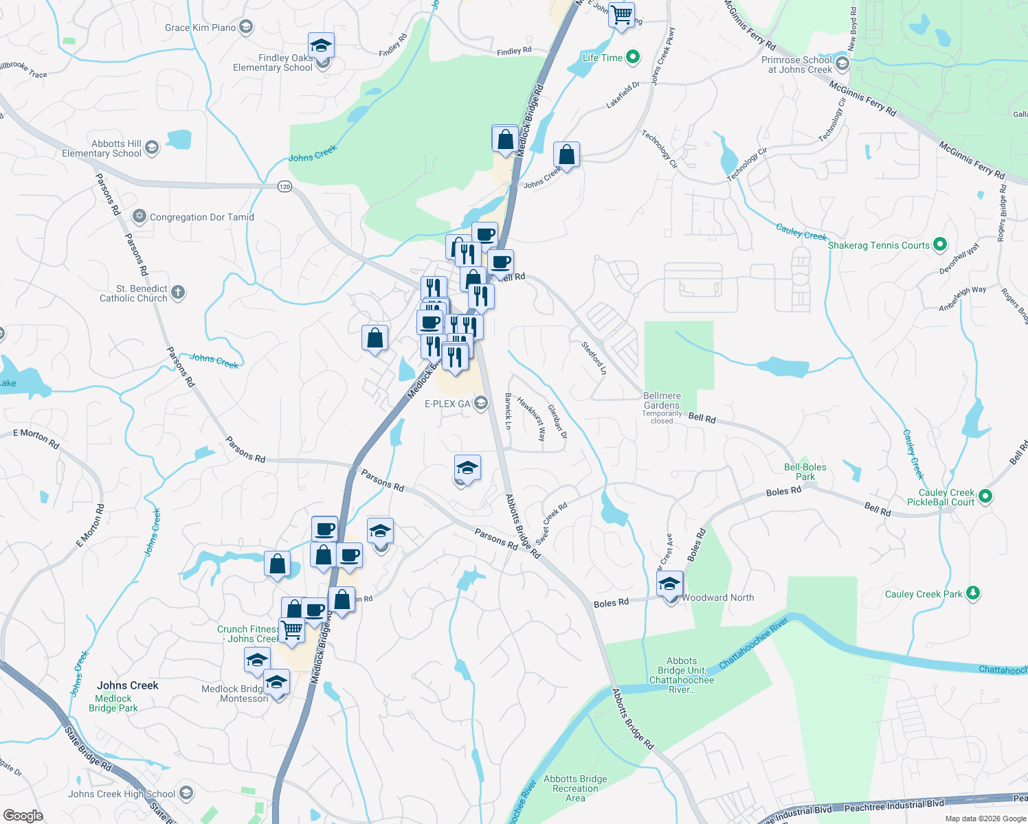 map of restaurants, bars, coffee shops, grocery stores, and more near 6360 Barwick Ln in Duluth