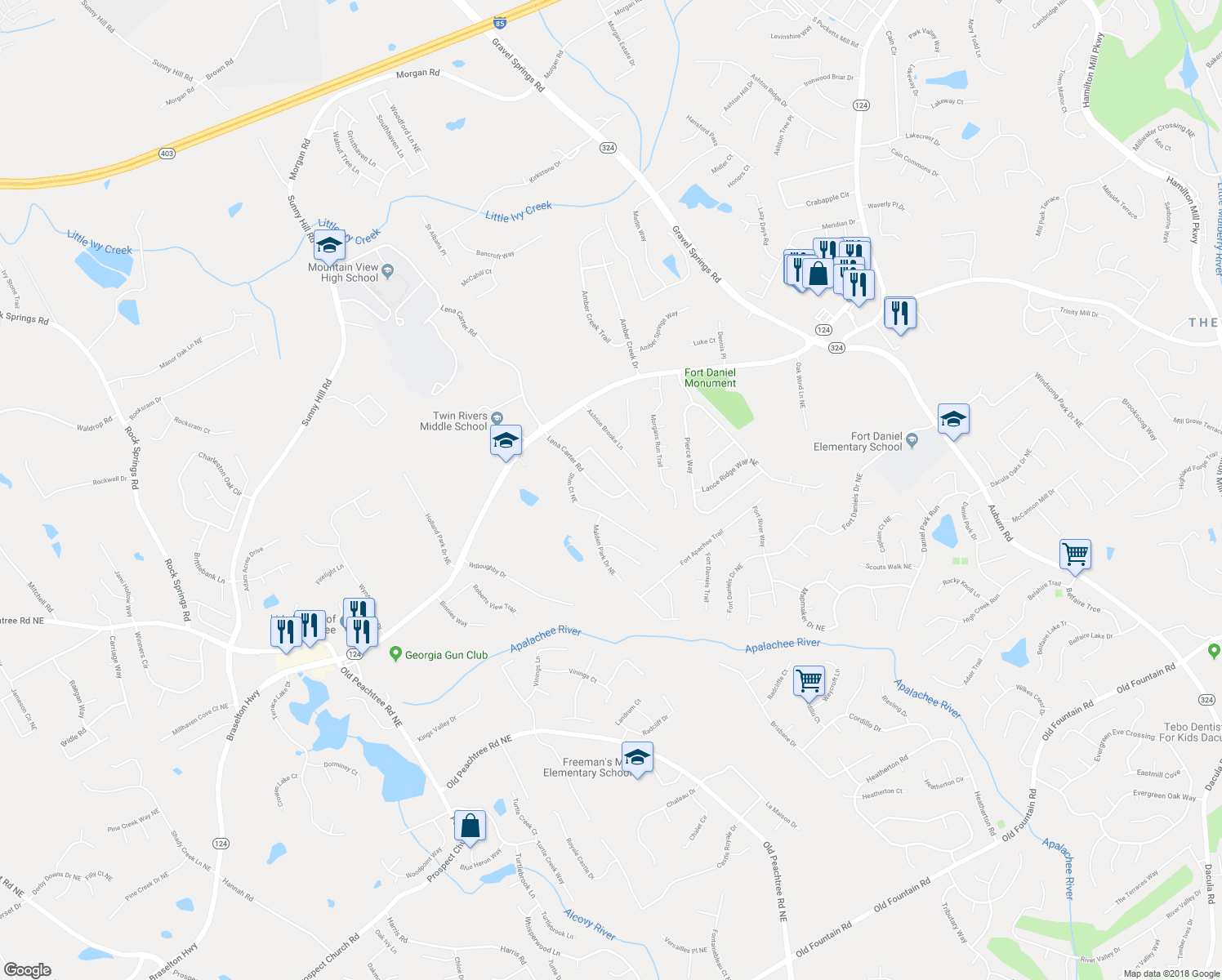map of restaurants, bars, coffee shops, grocery stores, and more near 1885 Lena Carter Road in Buford