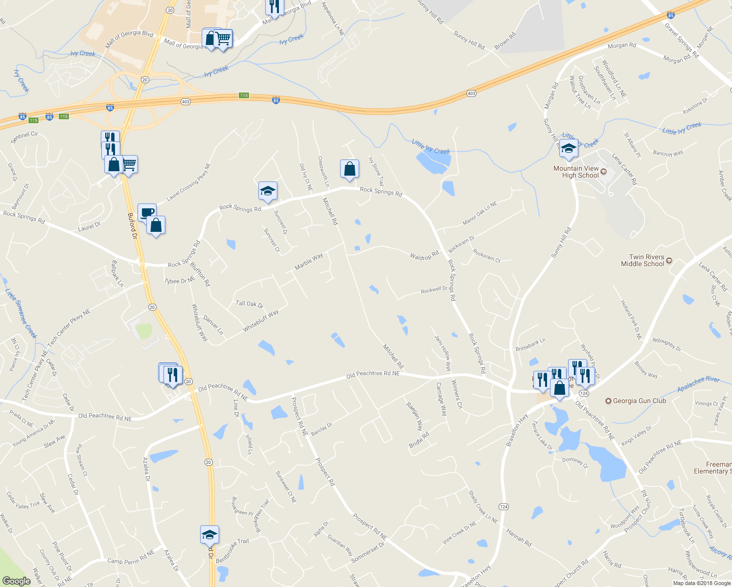 map of restaurants, bars, coffee shops, grocery stores, and more near 2385 Mitchell Road in Lawrenceville