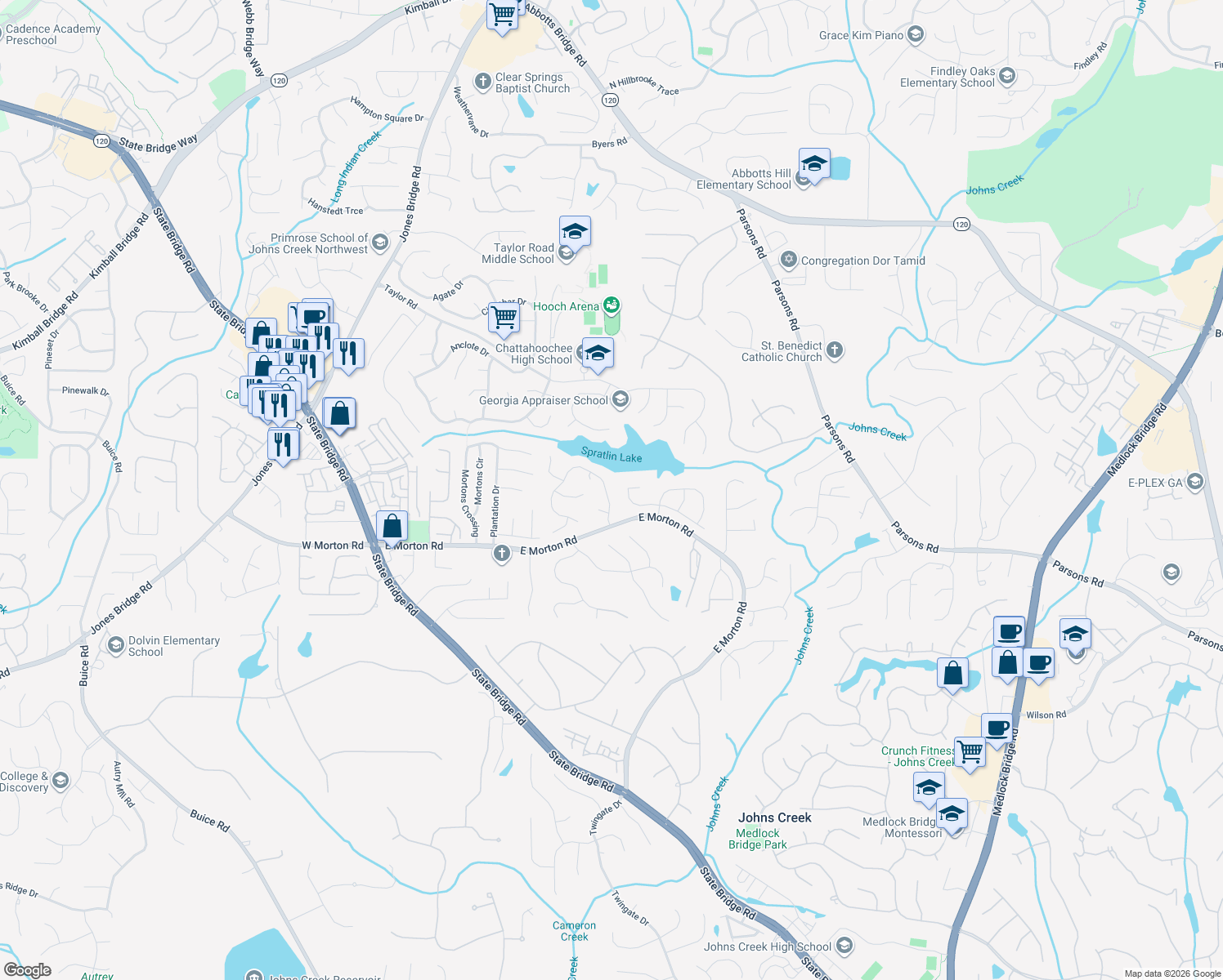 map of restaurants, bars, coffee shops, grocery stores, and more near 10805 Donamere Drive in Alpharetta