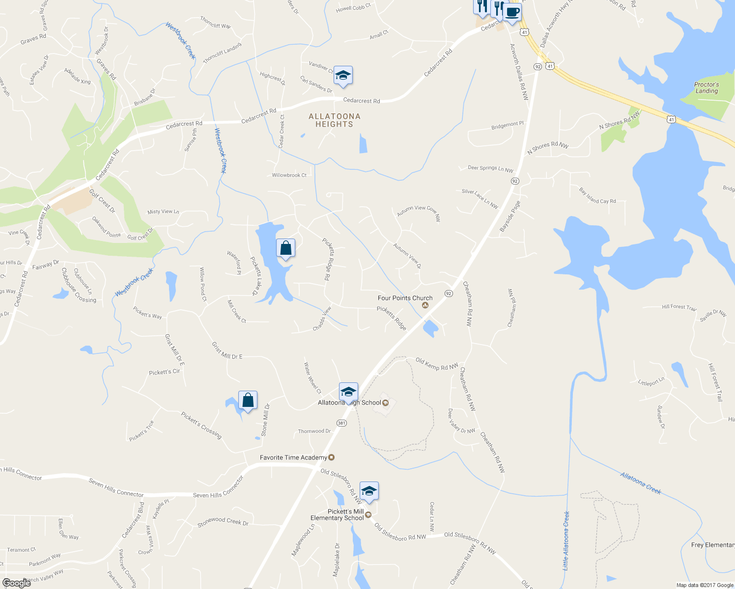 map of restaurants, bars, coffee shops, grocery stores, and more near 3809 Autumn View Lane Northwest in Acworth