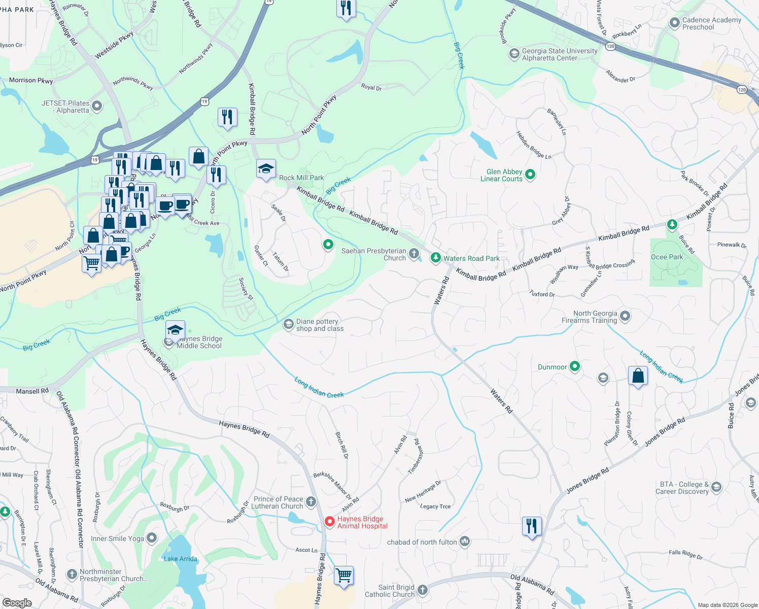 map of restaurants, bars, coffee shops, grocery stores, and more near 1605 Ridge Haven Run in Alpharetta