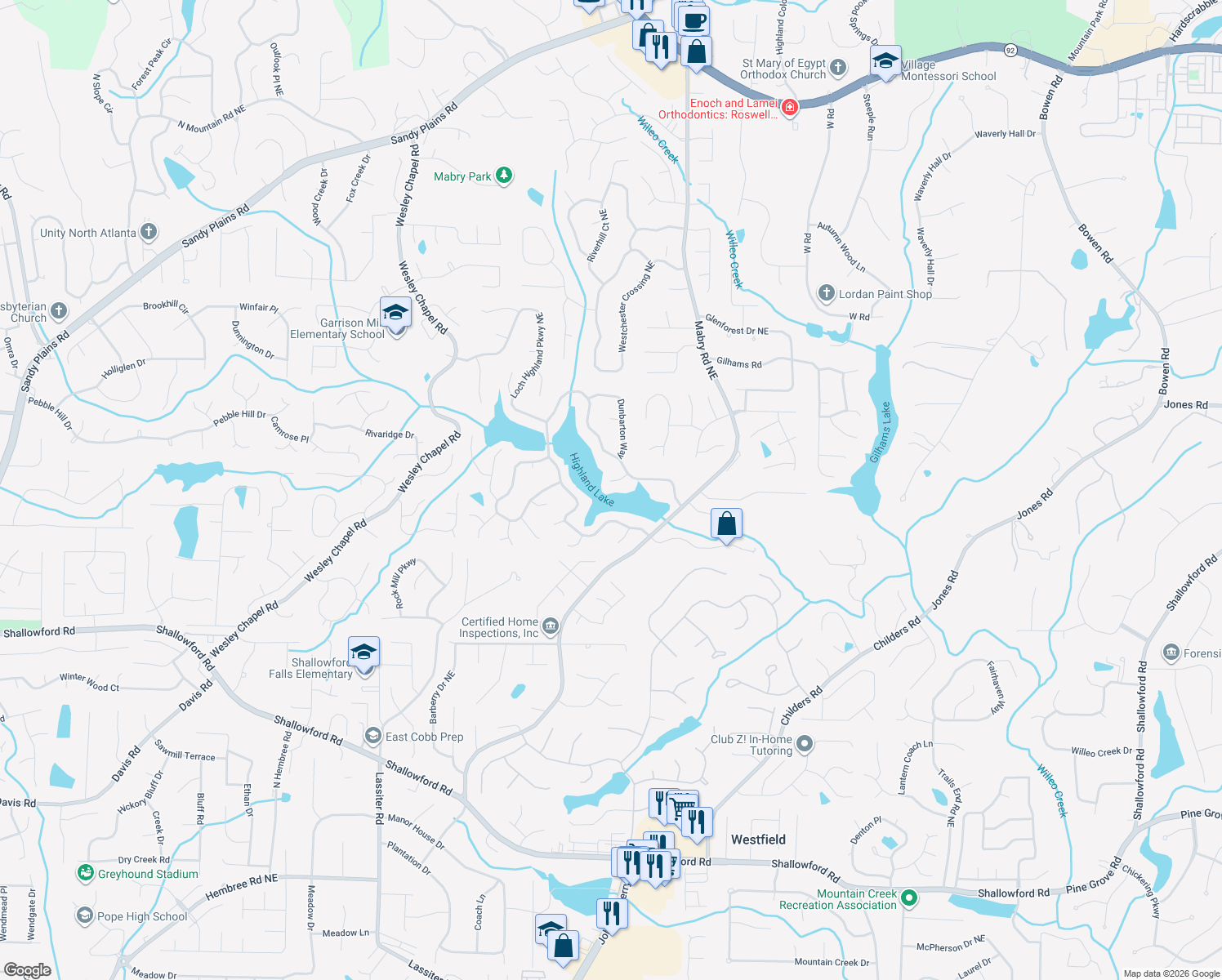 map of restaurants, bars, coffee shops, grocery stores, and more near 4293 Highland View in Roswell