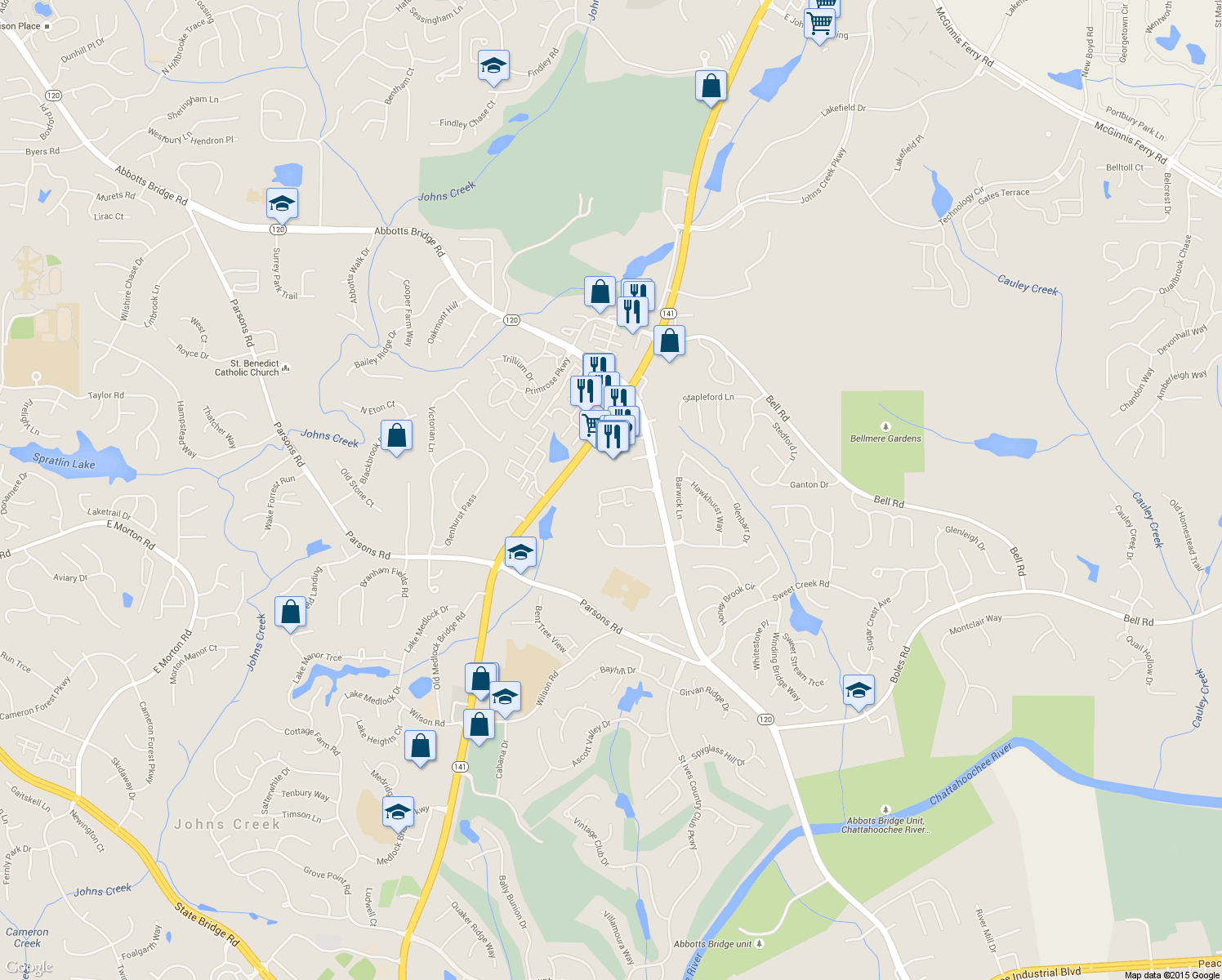 map of restaurants, bars, coffee shops, grocery stores, and more near 287 Gold Cove Lane in Duluth