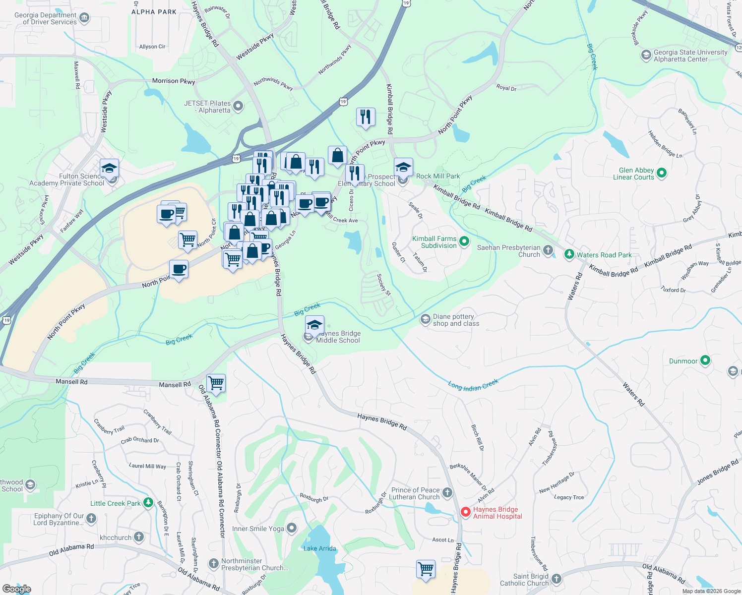 map of restaurants, bars, coffee shops, grocery stores, and more near 3030 Gadsden Street in Alpharetta