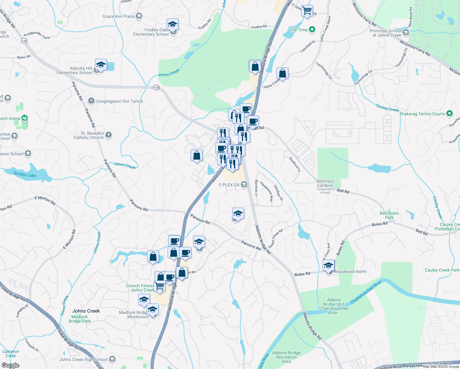 map of restaurants, bars, coffee shops, grocery stores, and more near 295 Gold Cove Lane in Duluth