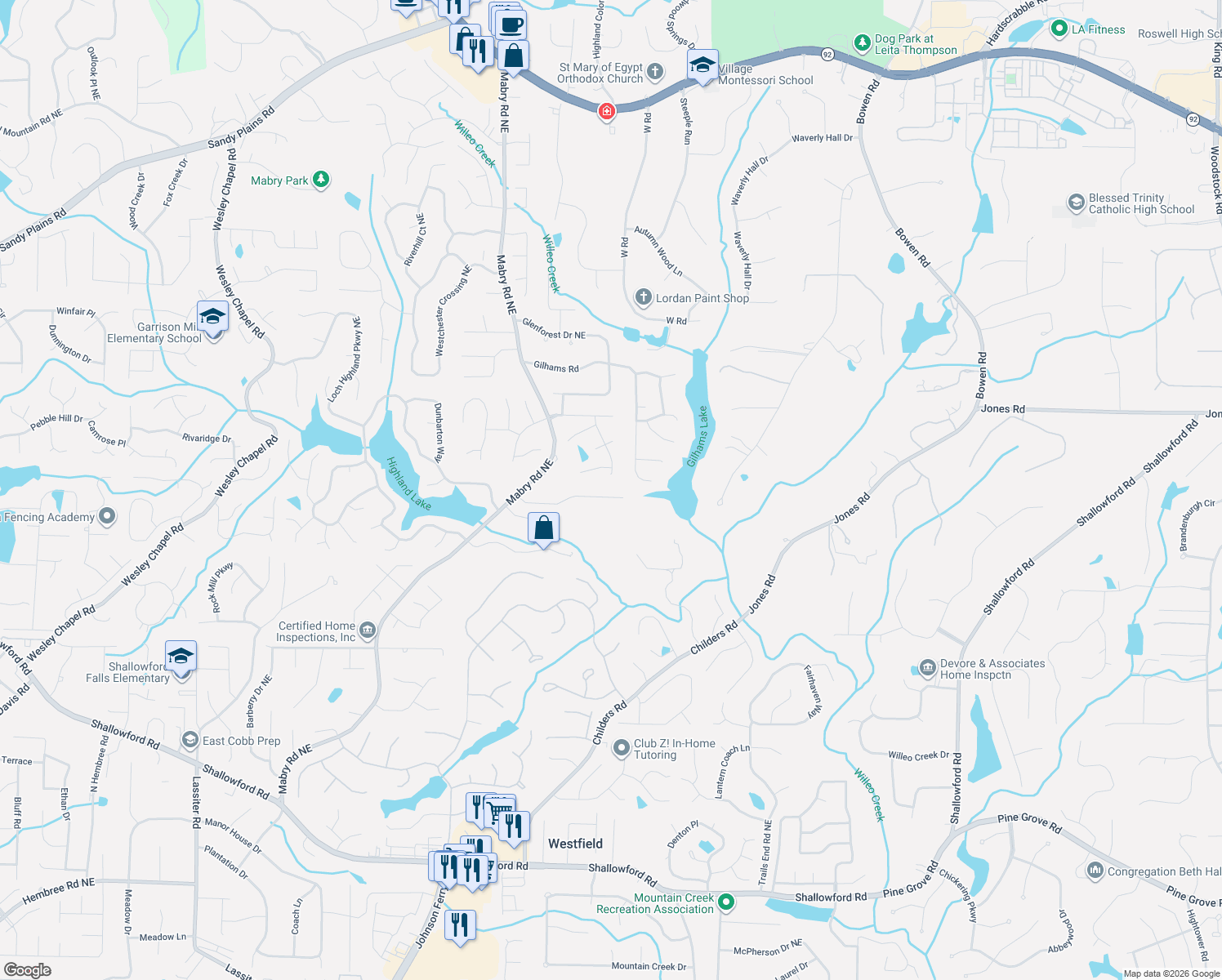 map of restaurants, bars, coffee shops, grocery stores, and more near 4035 Song Thrush Court in Roswell