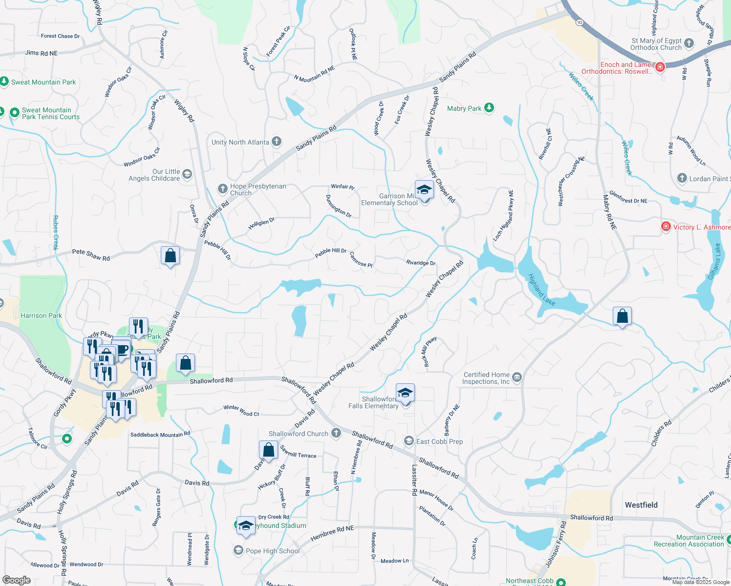map of restaurants, bars, coffee shops, grocery stores, and more near 3880 Northpoint Drive in Marietta