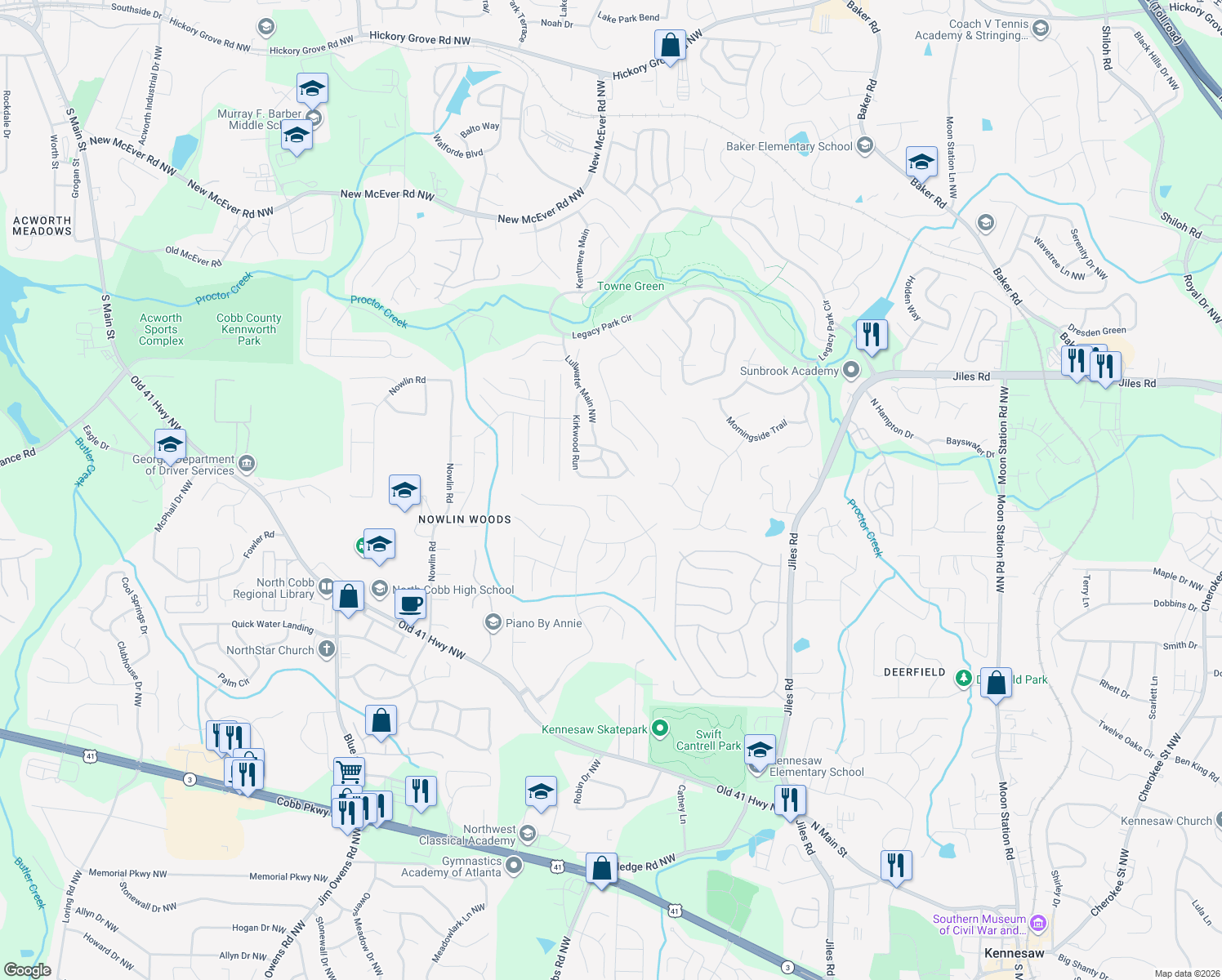 map of restaurants, bars, coffee shops, grocery stores, and more near 3776 Kirkwood Run in Kennesaw
