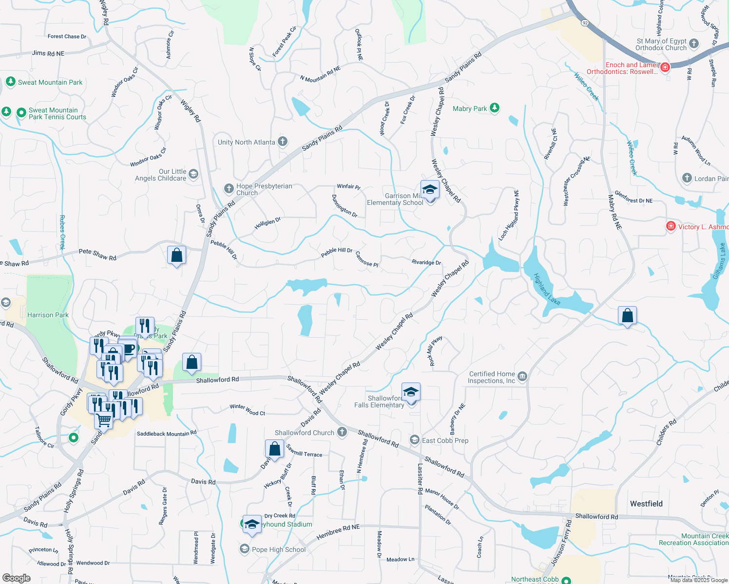 map of restaurants, bars, coffee shops, grocery stores, and more near 3870 Northpoint Drive in Marietta
