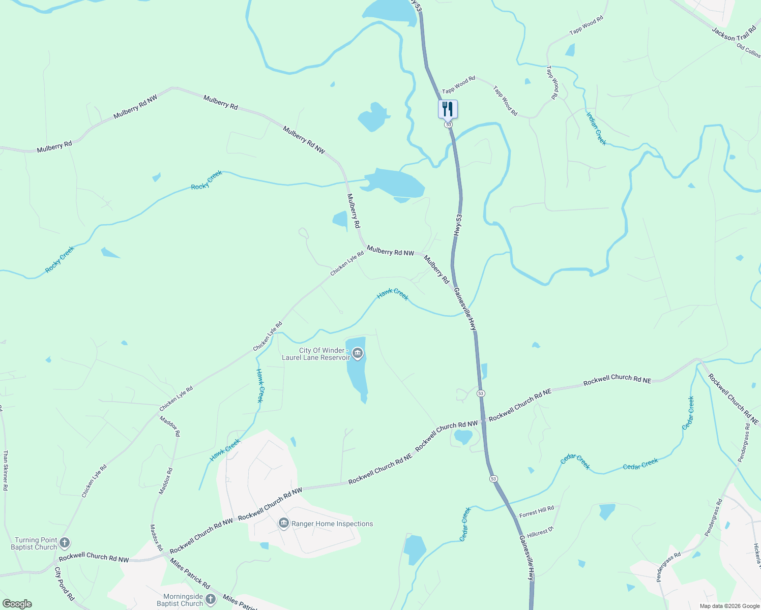map of restaurants, bars, coffee shops, grocery stores, and more near 991 Mulberry Trail in Winder