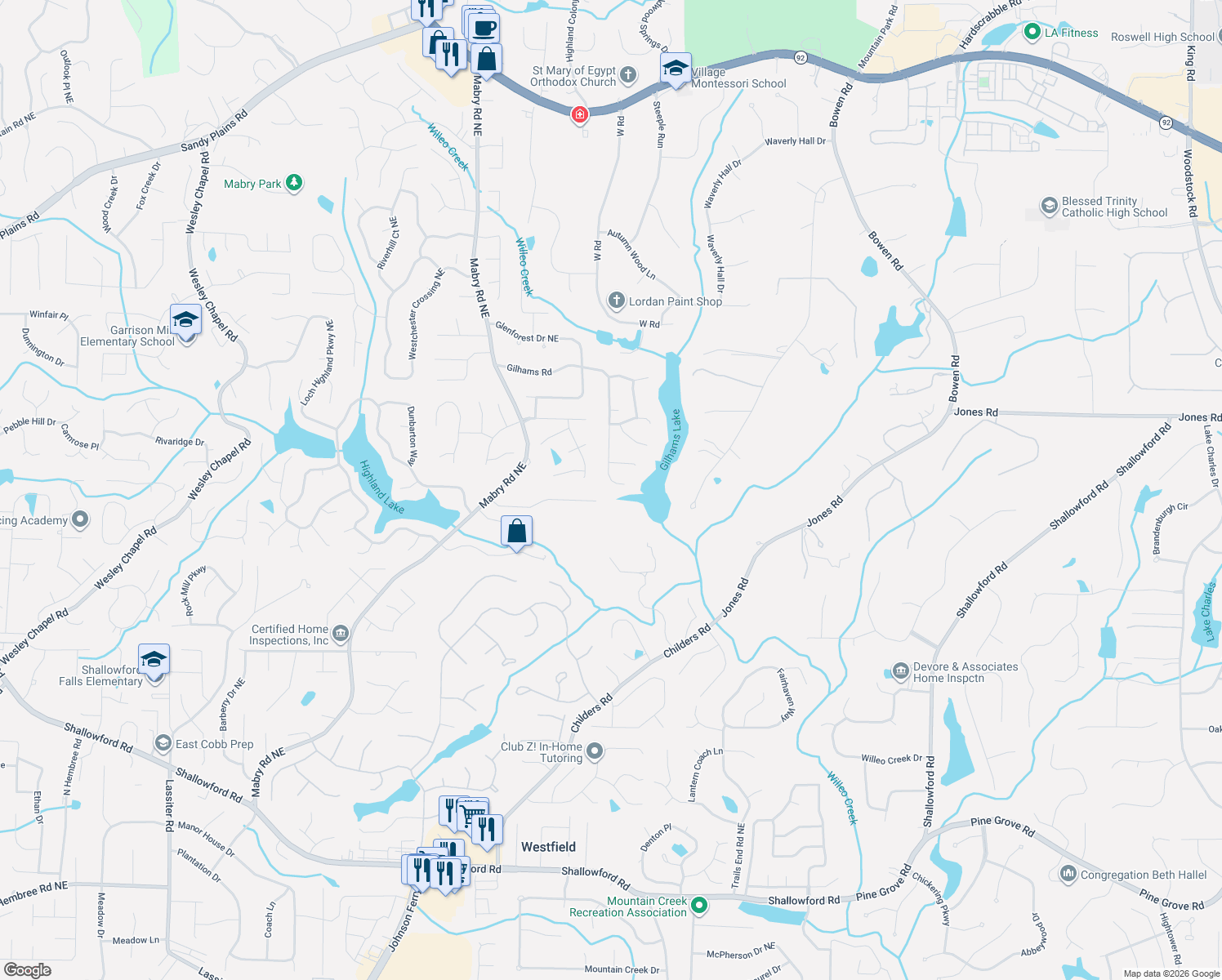 map of restaurants, bars, coffee shops, grocery stores, and more near 4676 Gilhams Road in Roswell