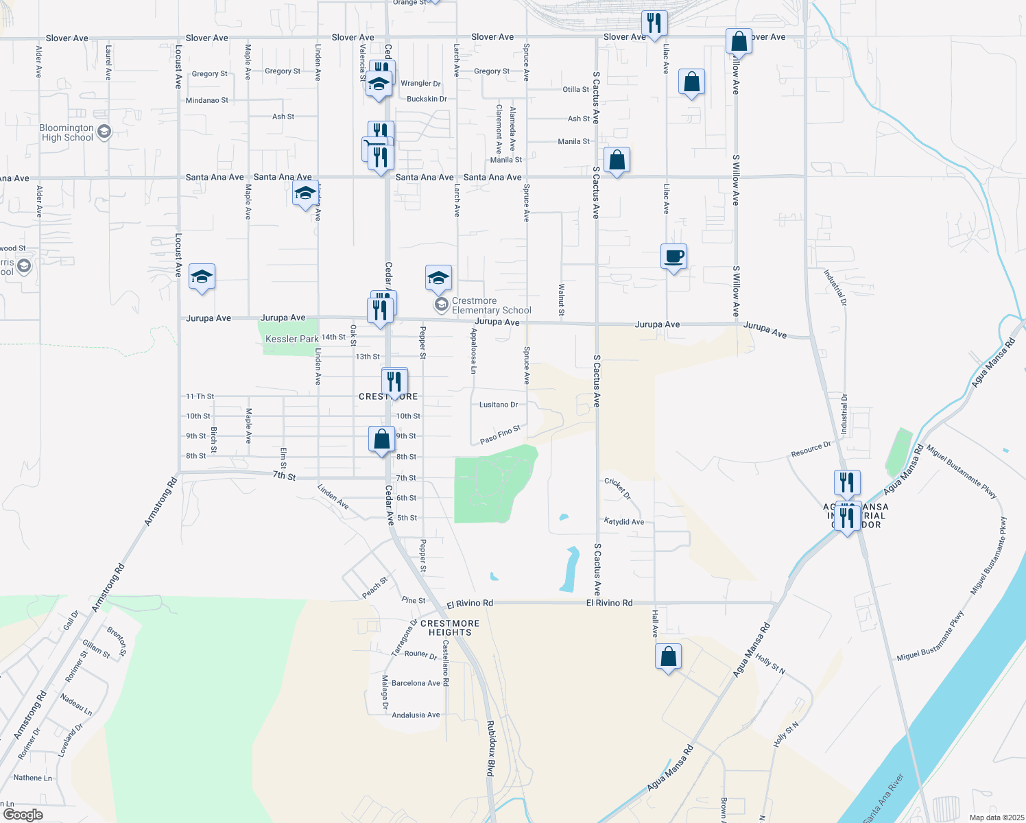 map of restaurants, bars, coffee shops, grocery stores, and more near 18975 Lusitano Drive in Bloomington
