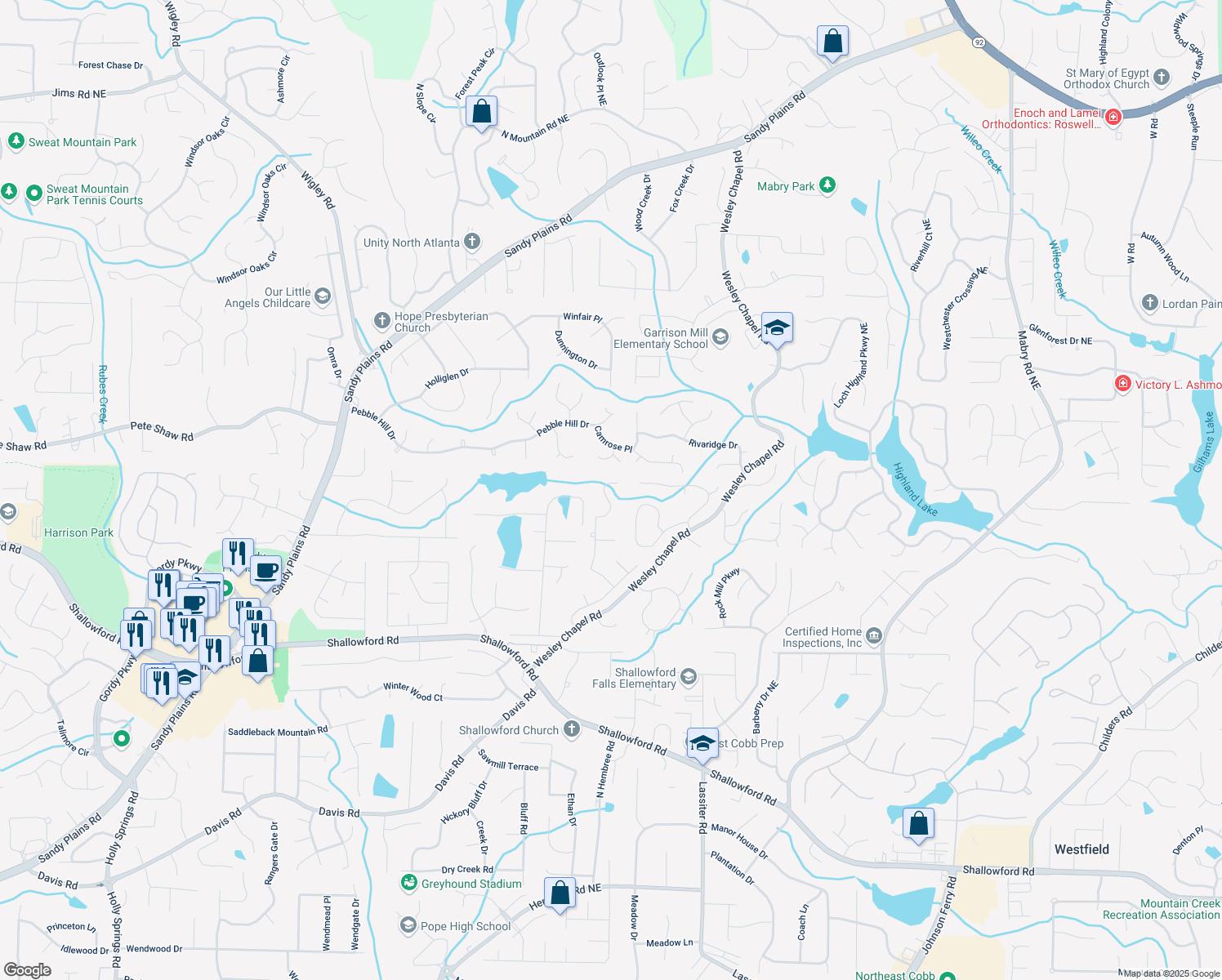 map of restaurants, bars, coffee shops, grocery stores, and more near 3870 Northpoint Drive in Marietta
