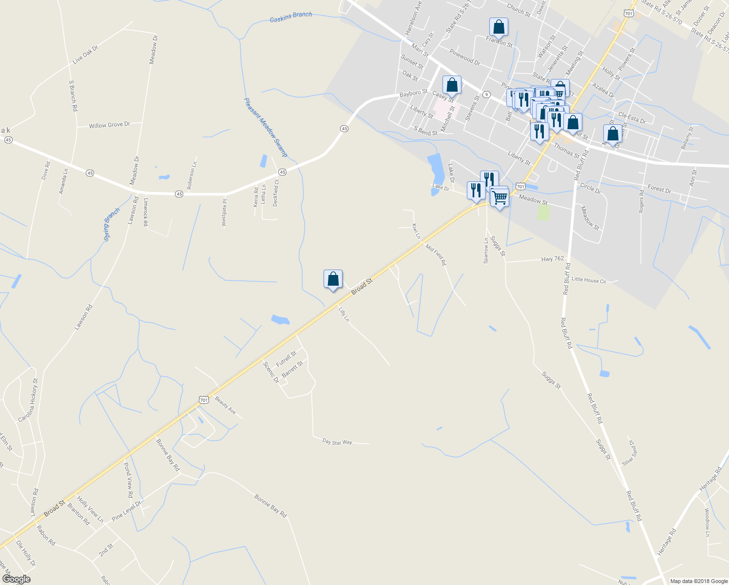 map of restaurants, bars, coffee shops, grocery stores, and more near 801 U.S. 701 in Loris