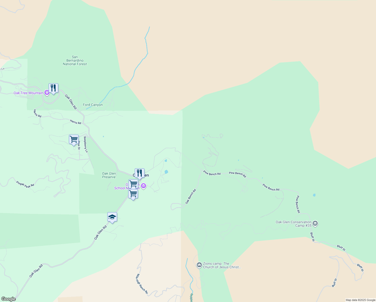 map of restaurants, bars, coffee shops, grocery stores, and more near Pine Bench Road in Oak Glen