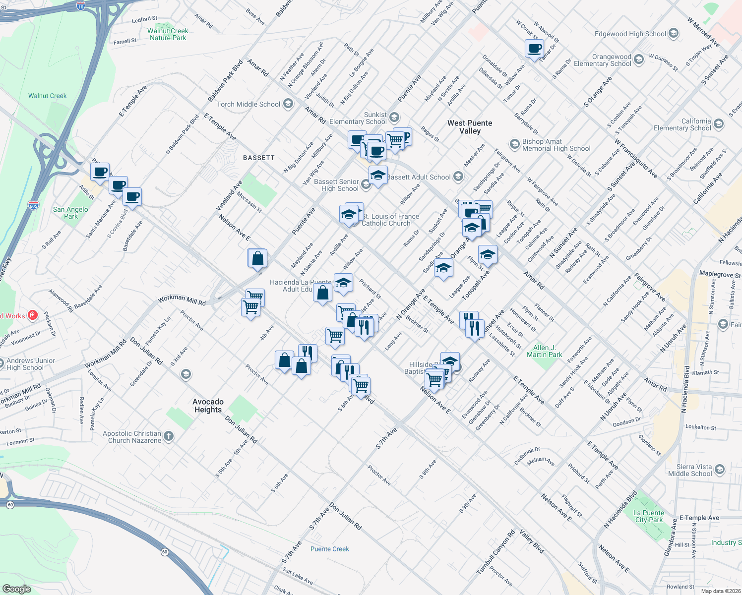map of restaurants, bars, coffee shops, grocery stores, and more near 433 Sunkist Avenue in La Puente