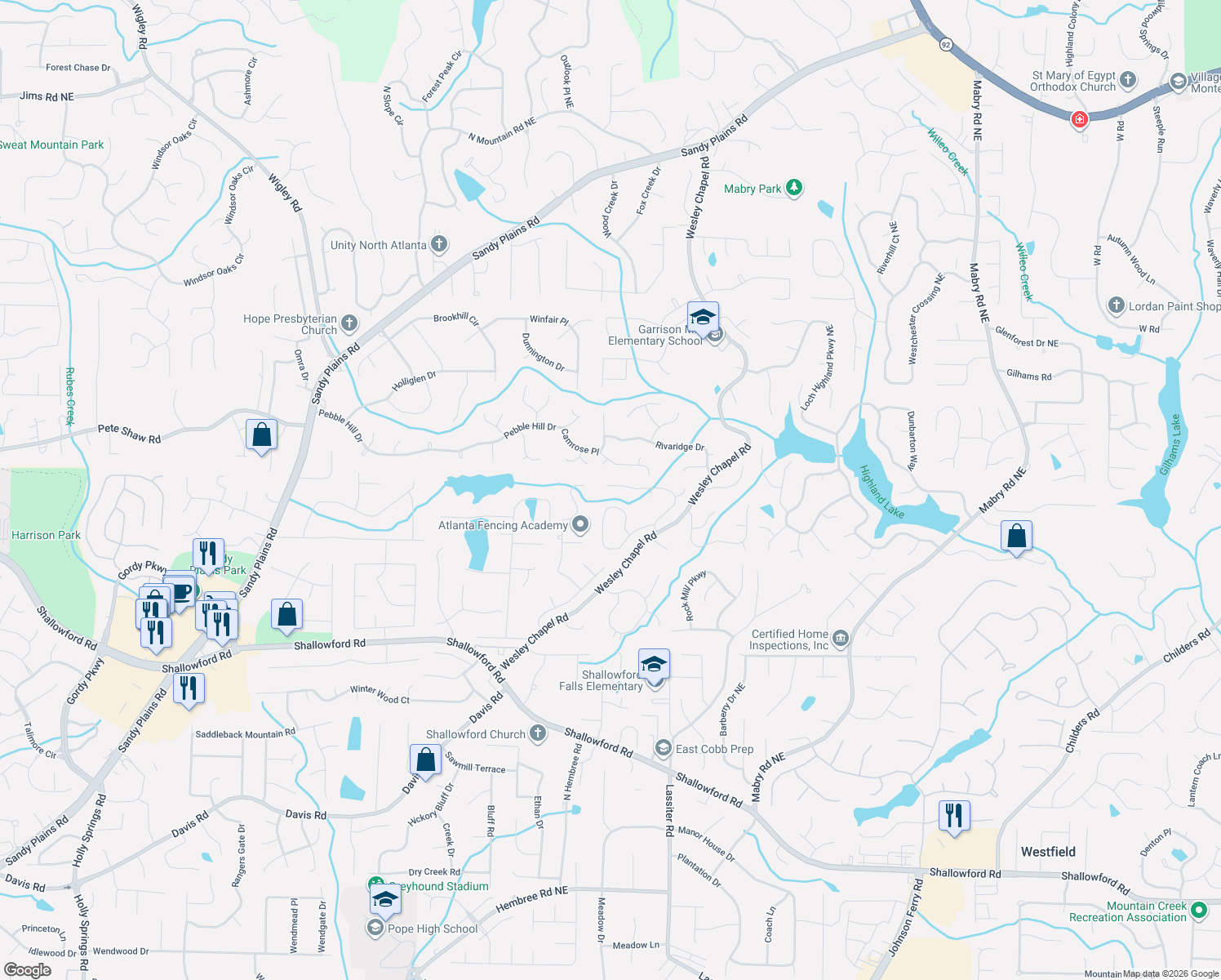 map of restaurants, bars, coffee shops, grocery stores, and more near 3877 Beacon Street in Marietta