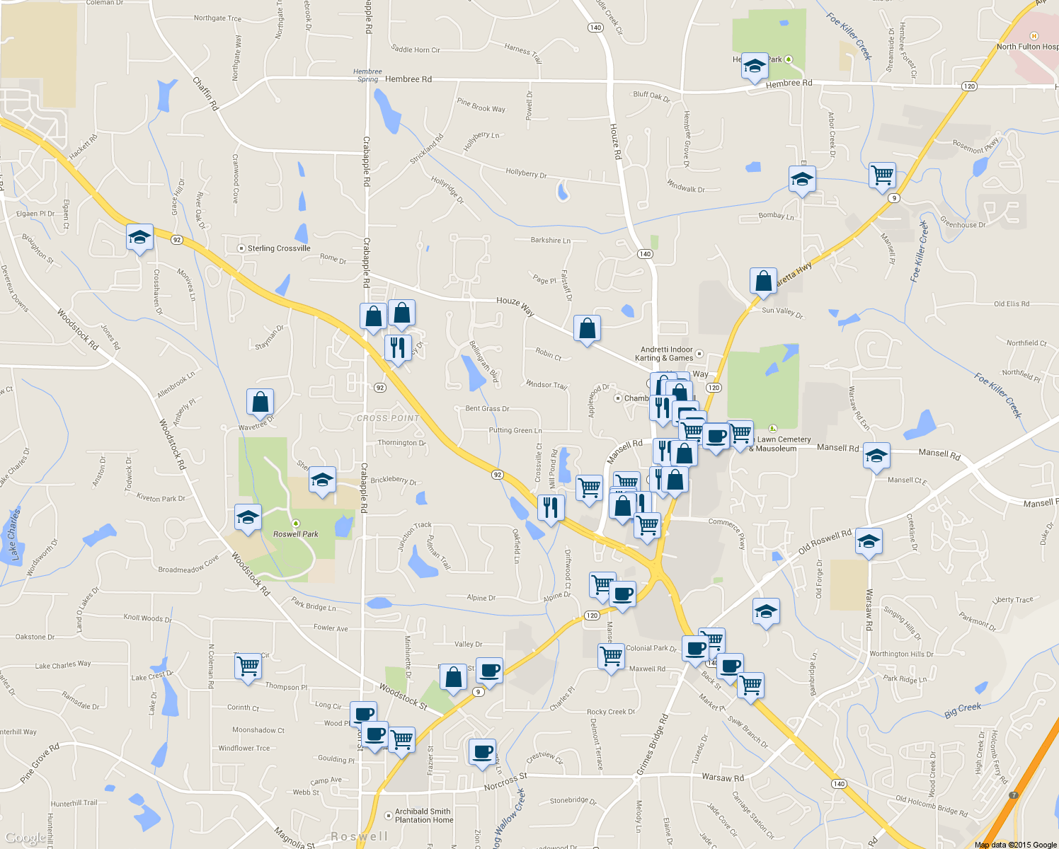 map of restaurants, bars, coffee shops, grocery stores, and more near 290 Putting Green Lane in Roswell