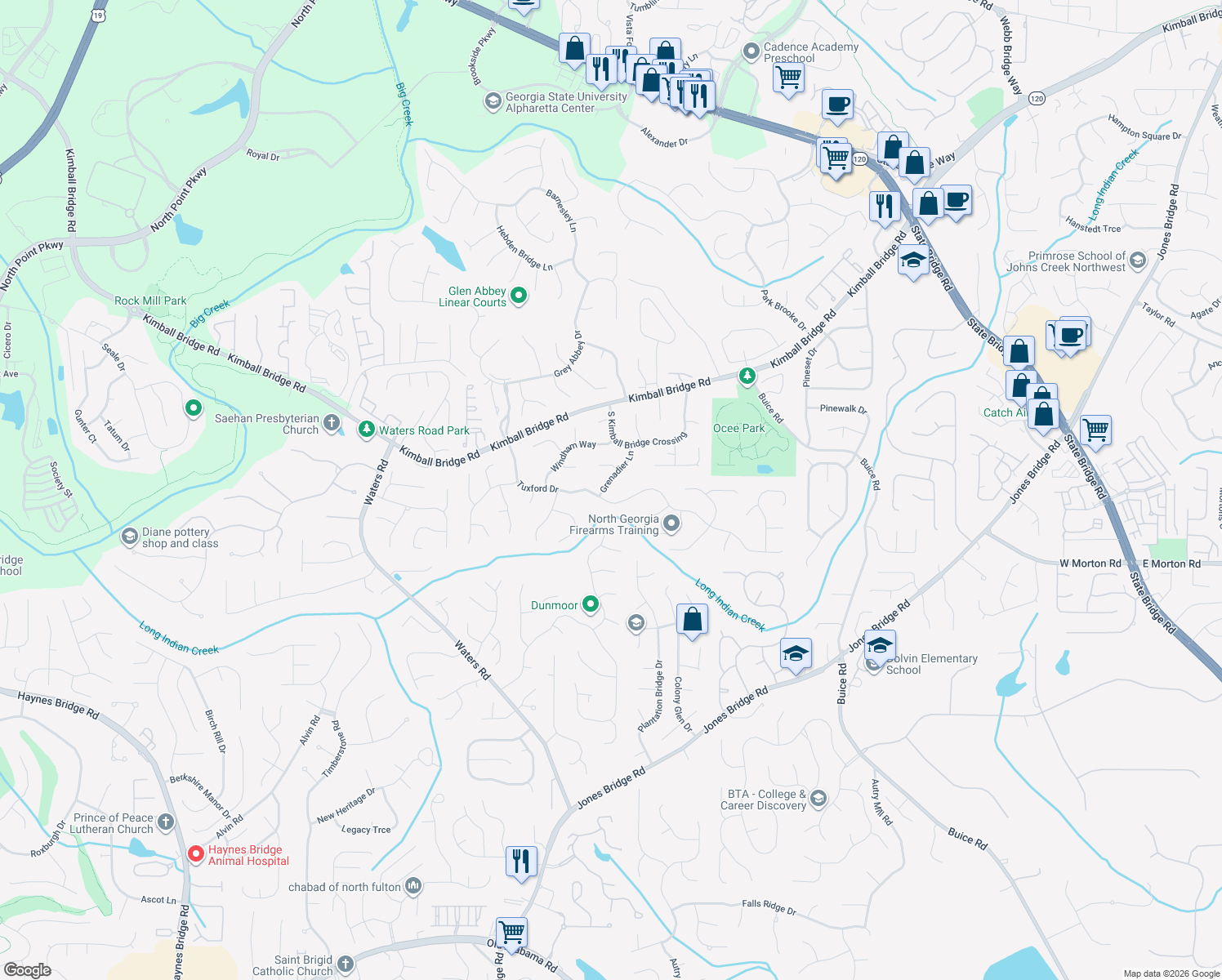 map of restaurants, bars, coffee shops, grocery stores, and more near 10775 Grenadier Ln in Alpharetta