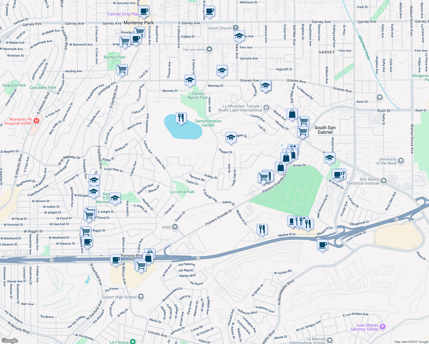 map of restaurants, bars, coffee shops, grocery stores, and more near 1840 South Orange Avenue in Monterey Park