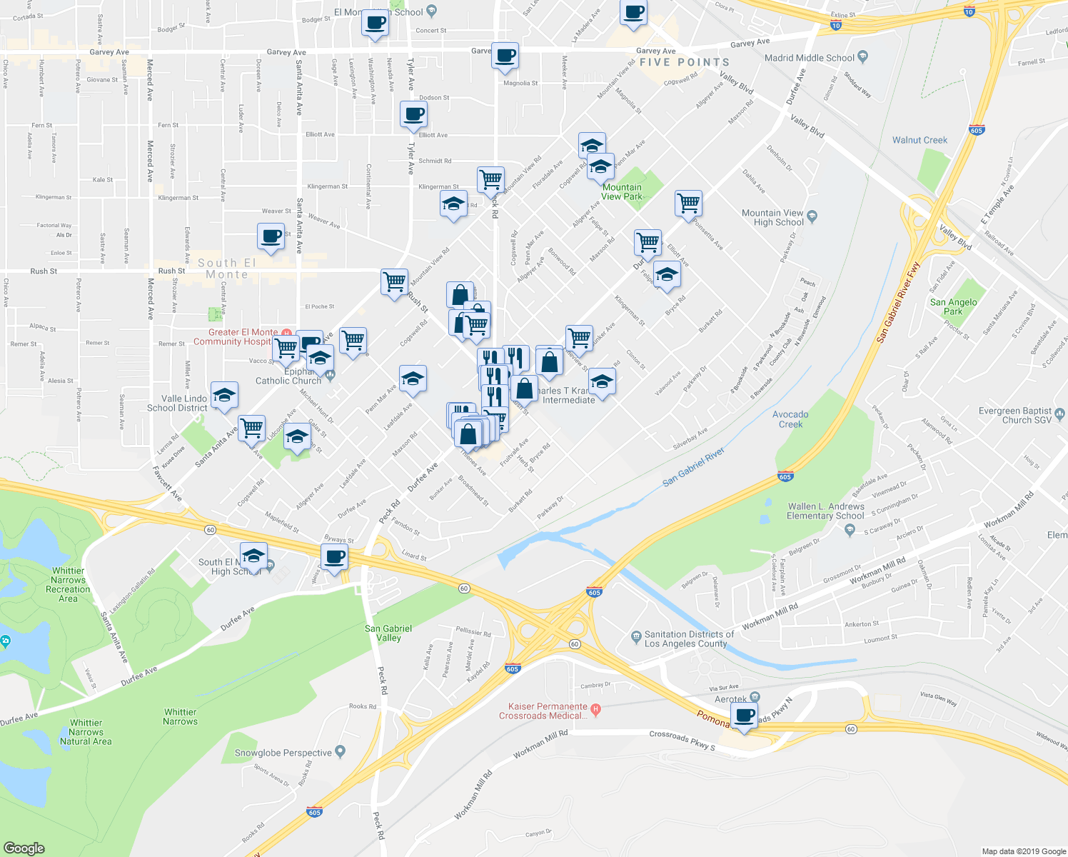 map of restaurants, bars, coffee shops, grocery stores, and more near 1949 Fruitvale Avenue in El Monte