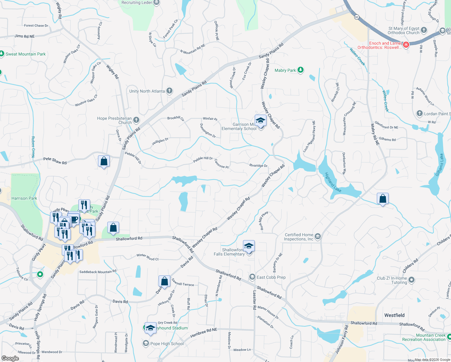 map of restaurants, bars, coffee shops, grocery stores, and more near 3890 Northpoint Drive in Marietta