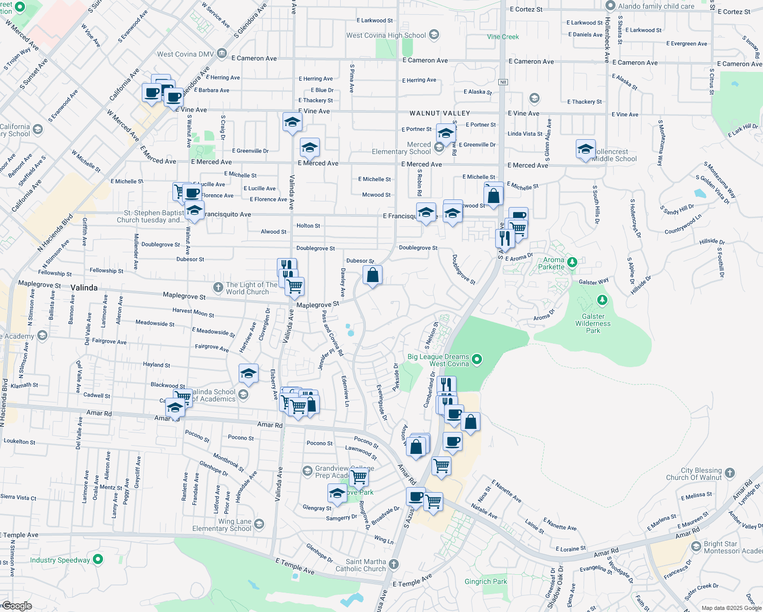 map of restaurants, bars, coffee shops, grocery stores, and more near 1722 South Avington Avenue in West Covina
