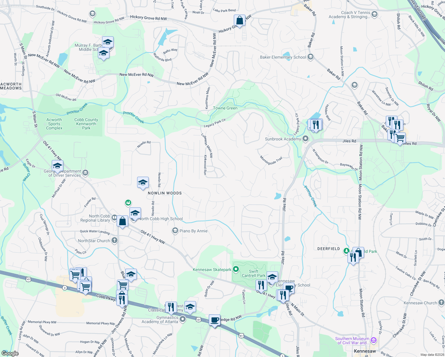 map of restaurants, bars, coffee shops, grocery stores, and more near 3776 Kirkwood Run in Kennesaw