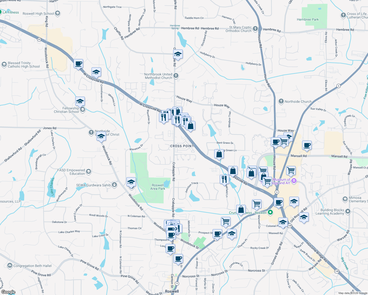 map of restaurants, bars, coffee shops, grocery stores, and more near 750 Calwood Chase in Roswell