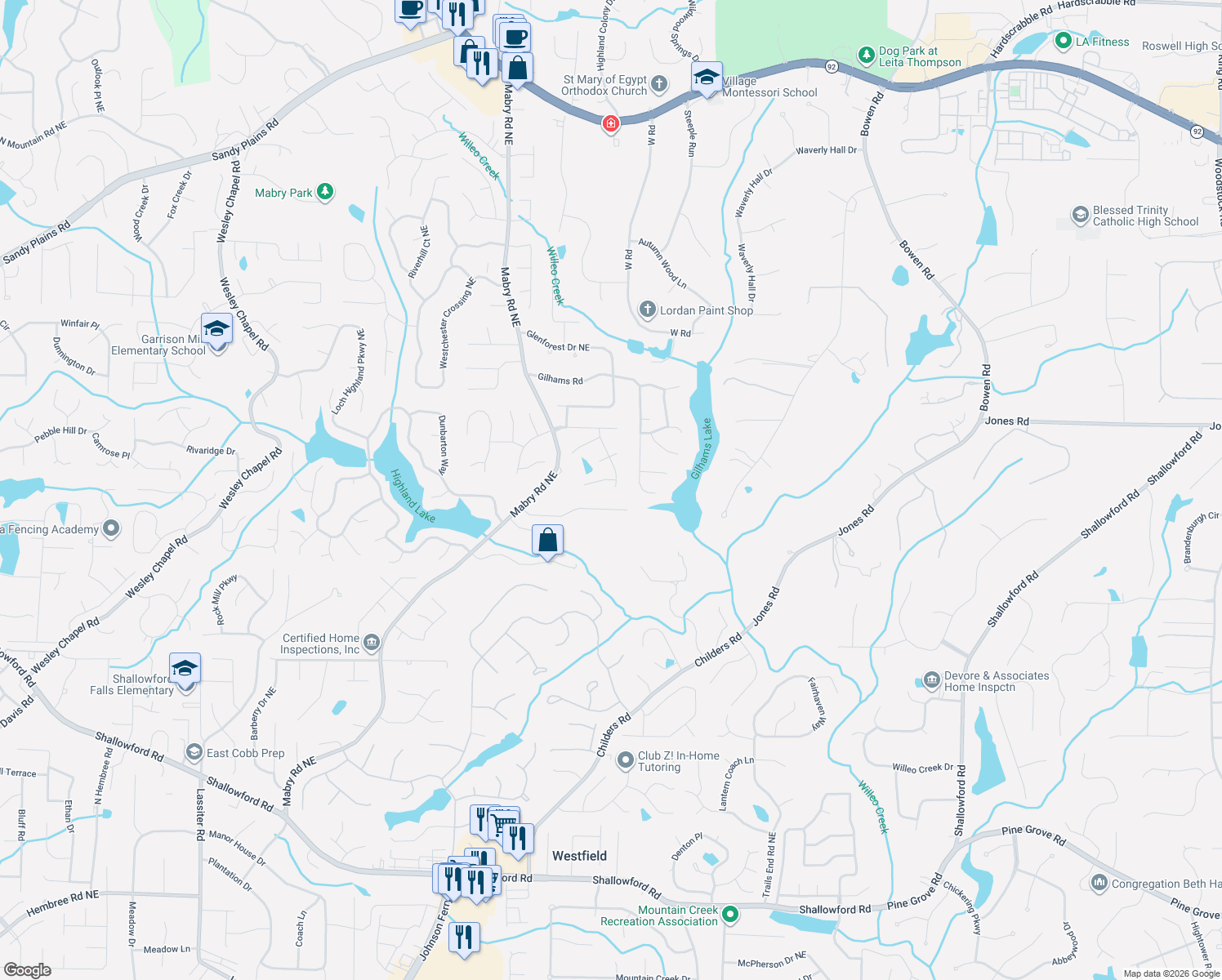 map of restaurants, bars, coffee shops, grocery stores, and more near 4035 Song Thrush Court in Roswell
