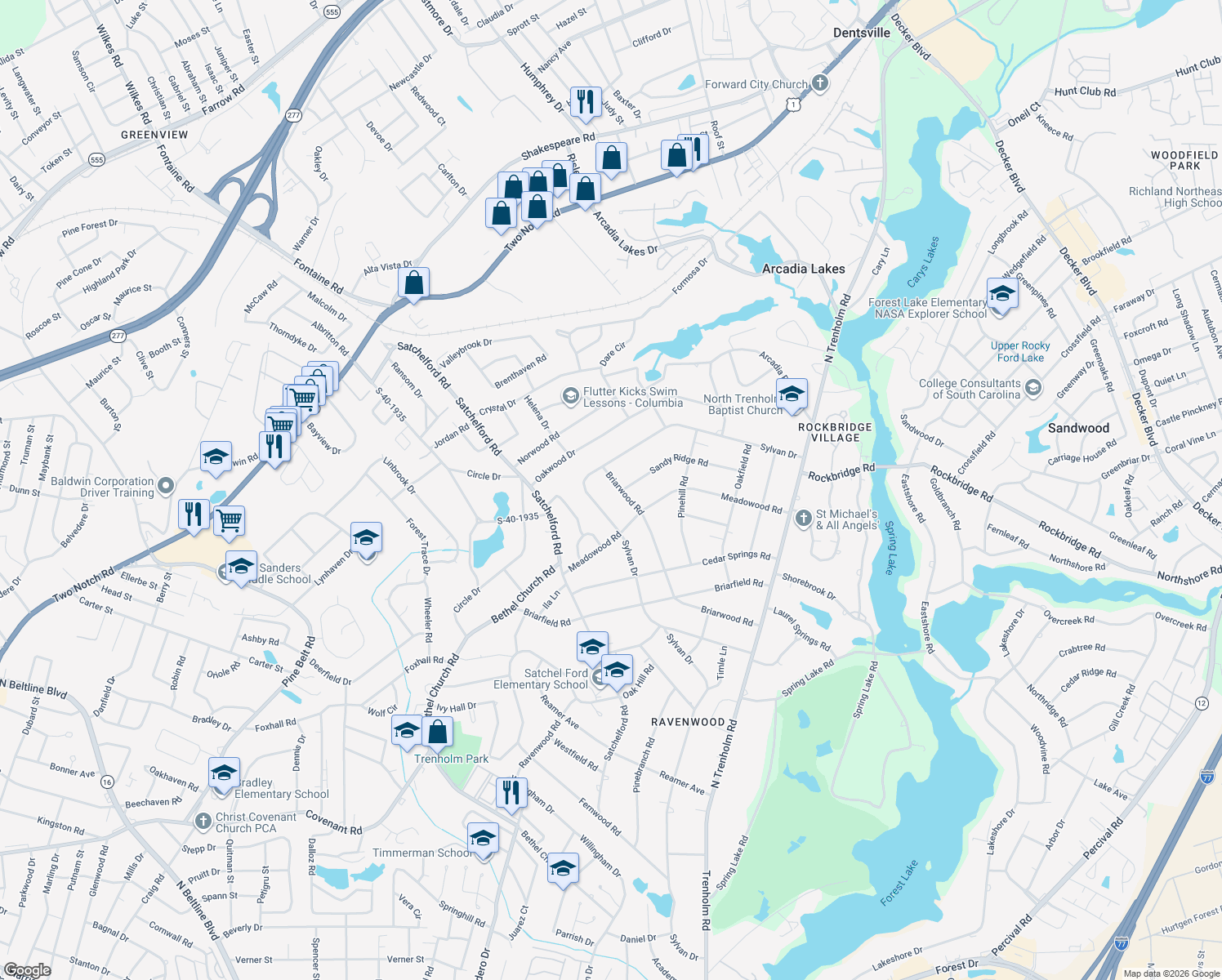 map of restaurants, bars, coffee shops, grocery stores, and more near 6431 Briarwood Road in Columbia