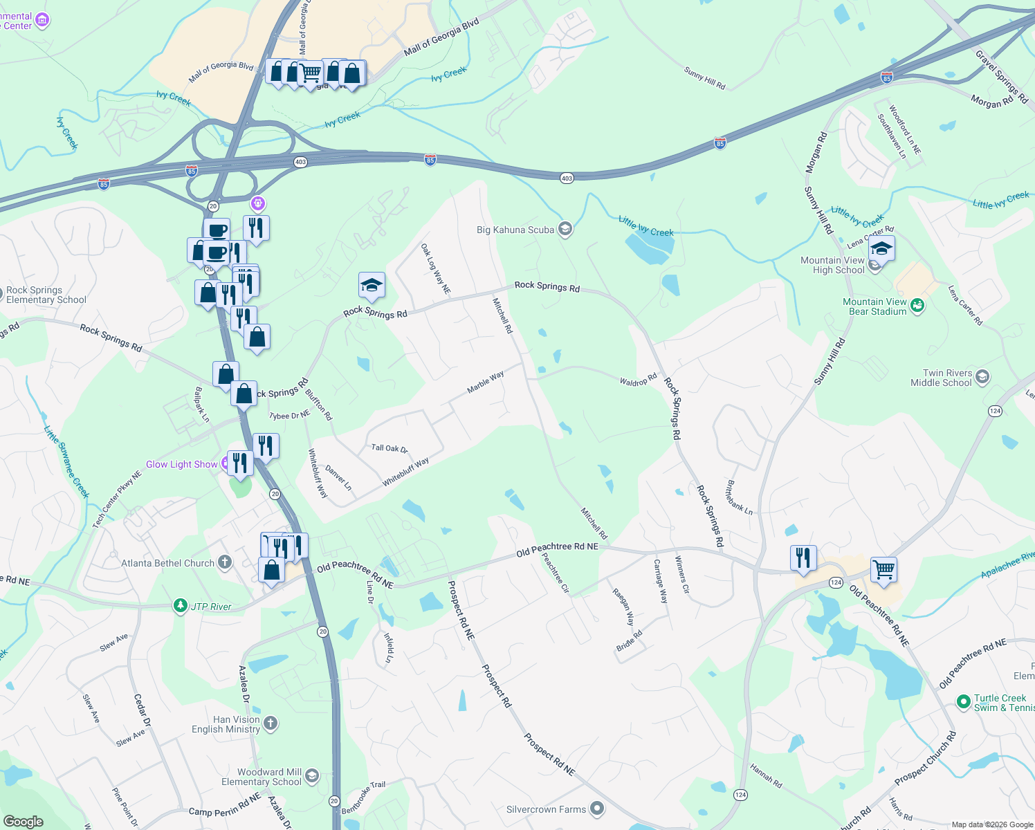 map of restaurants, bars, coffee shops, grocery stores, and more near 2430 Fieldrock Way in Lawrenceville
