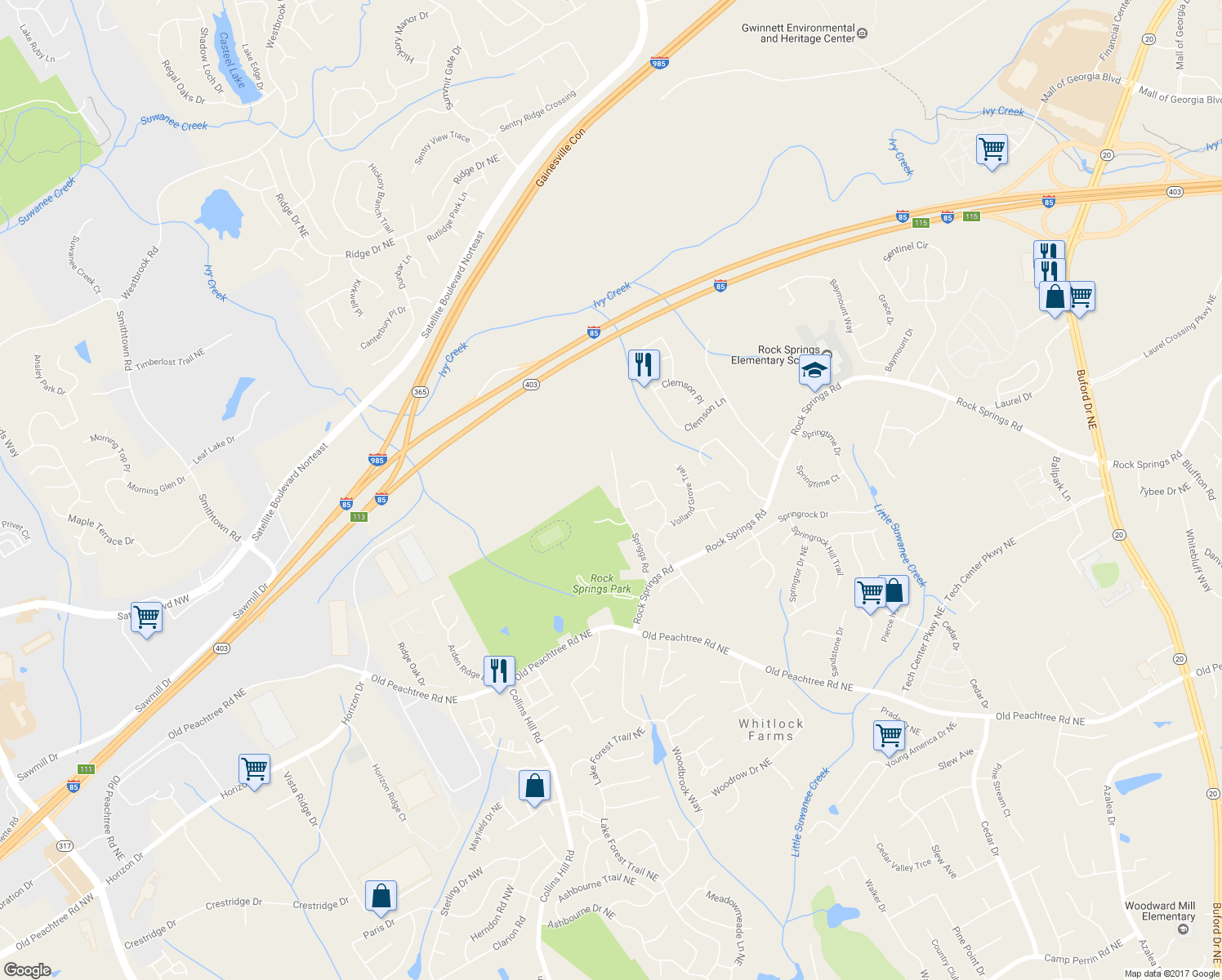 map of restaurants, bars, coffee shops, grocery stores, and more near 2998 Spriggs Road in Lawrenceville