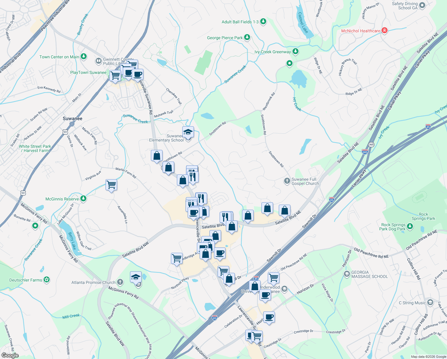 map of restaurants, bars, coffee shops, grocery stores, and more near 3409 Bonneville Way in Suwanee