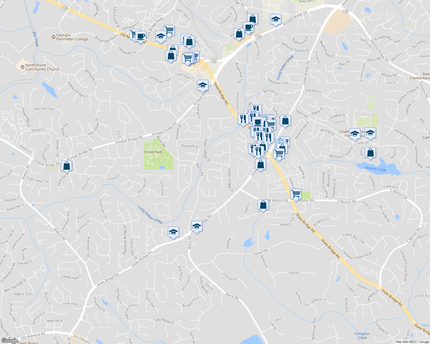 map of restaurants, bars, coffee shops, grocery stores, and more near 275 Broken Lance Place in Alpharetta