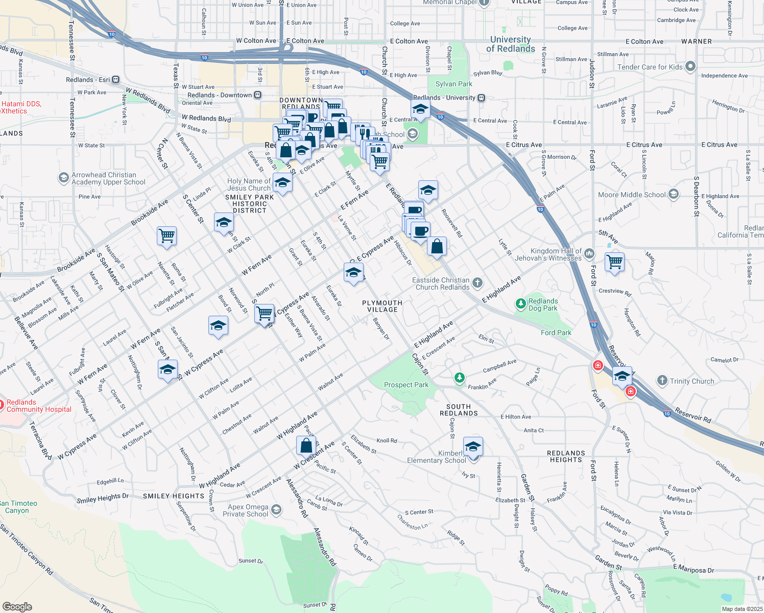 map of restaurants, bars, coffee shops, grocery stores, and more near 0 West Palm Avenue in Redlands