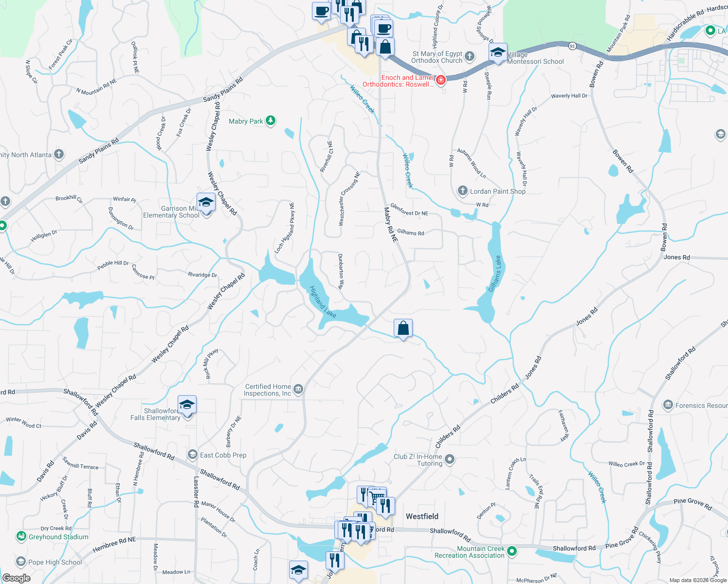 map of restaurants, bars, coffee shops, grocery stores, and more near 3870 Fort Trail in Roswell