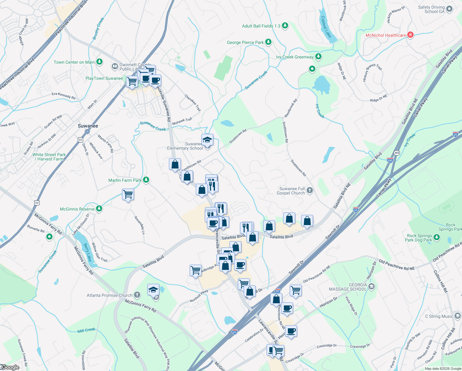 map of restaurants, bars, coffee shops, grocery stores, and more near 240 Deville Cir in Suwanee