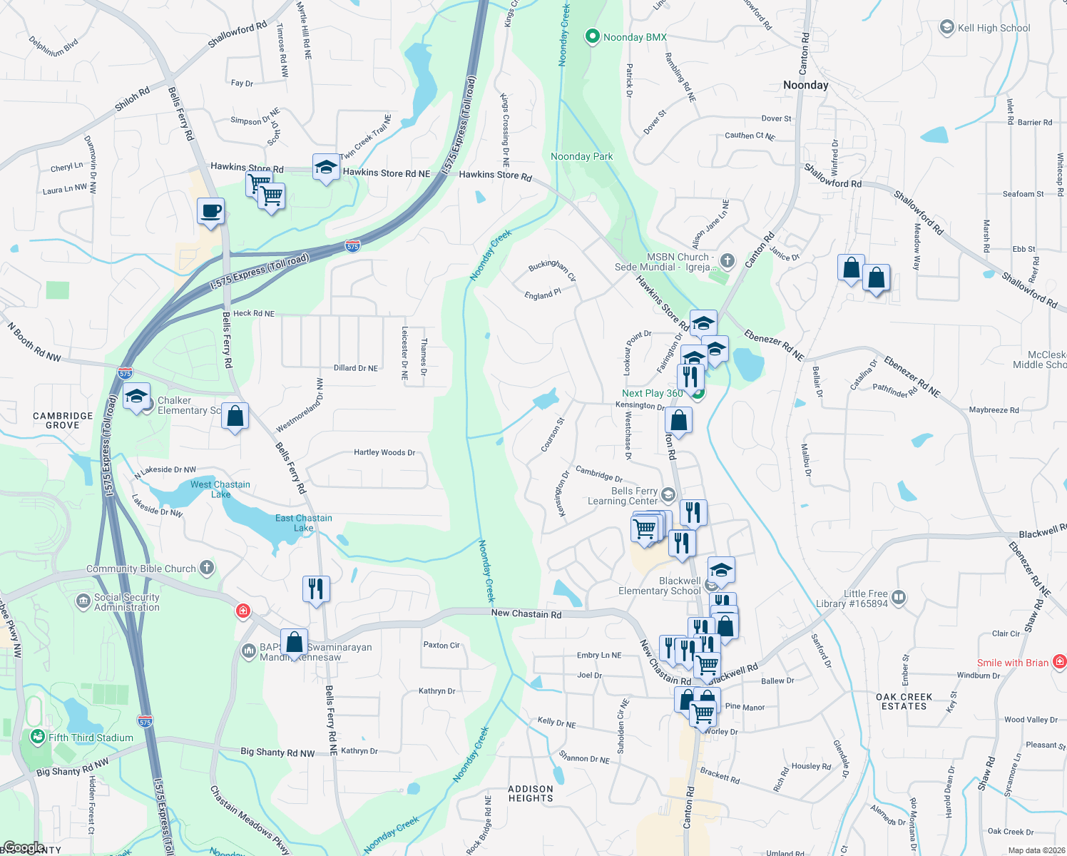 map of restaurants, bars, coffee shops, grocery stores, and more near 3750 Guildhall Trail in Marietta