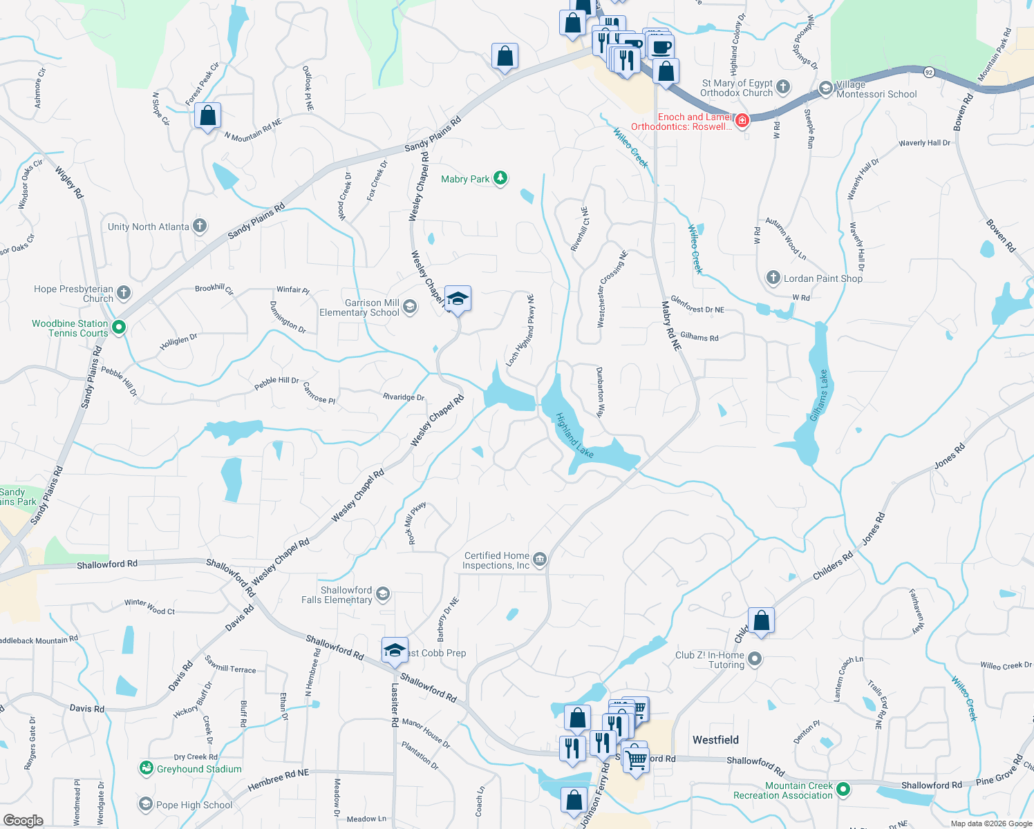 map of restaurants, bars, coffee shops, grocery stores, and more near 4130 Edinburgh Trail Northeast in Roswell