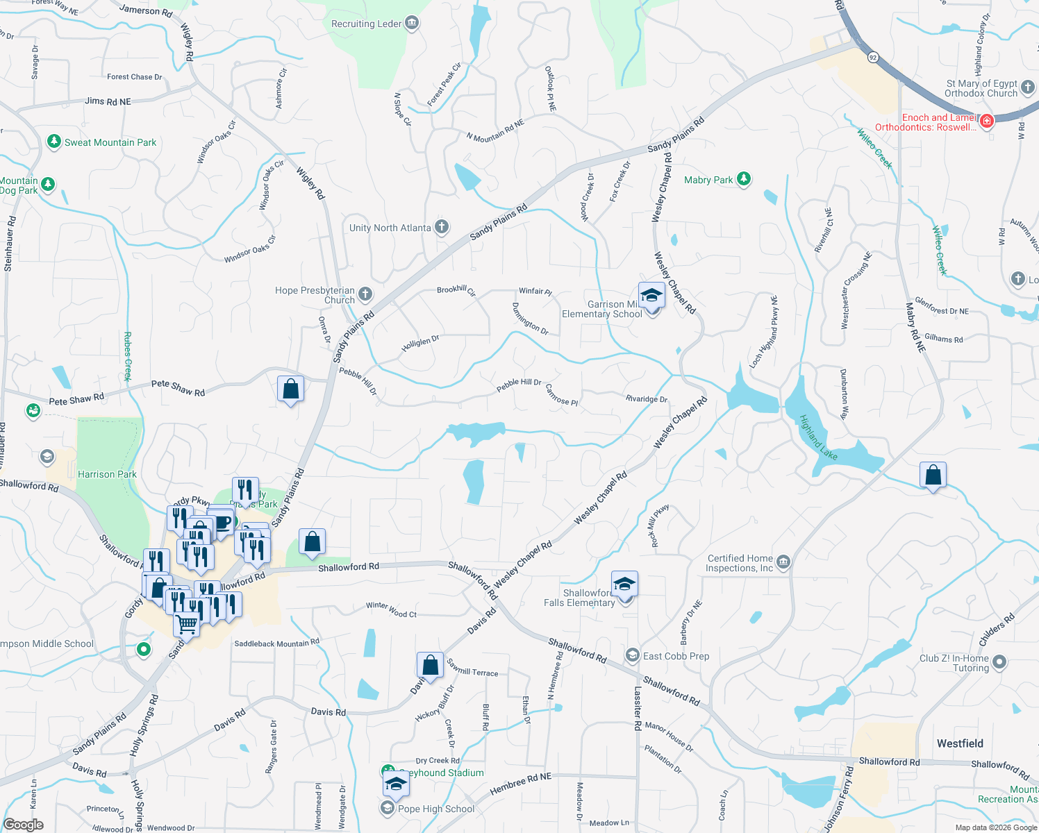 map of restaurants, bars, coffee shops, grocery stores, and more near 4034 Ashmont Court in Marietta