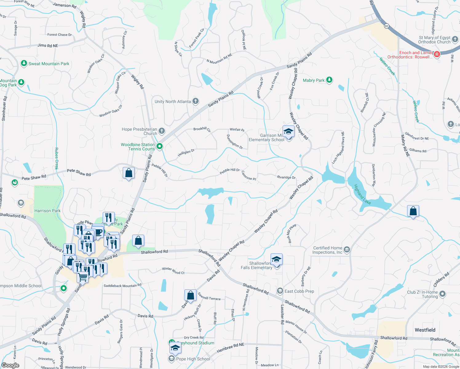 map of restaurants, bars, coffee shops, grocery stores, and more near 4034 Ashmont Court in Marietta