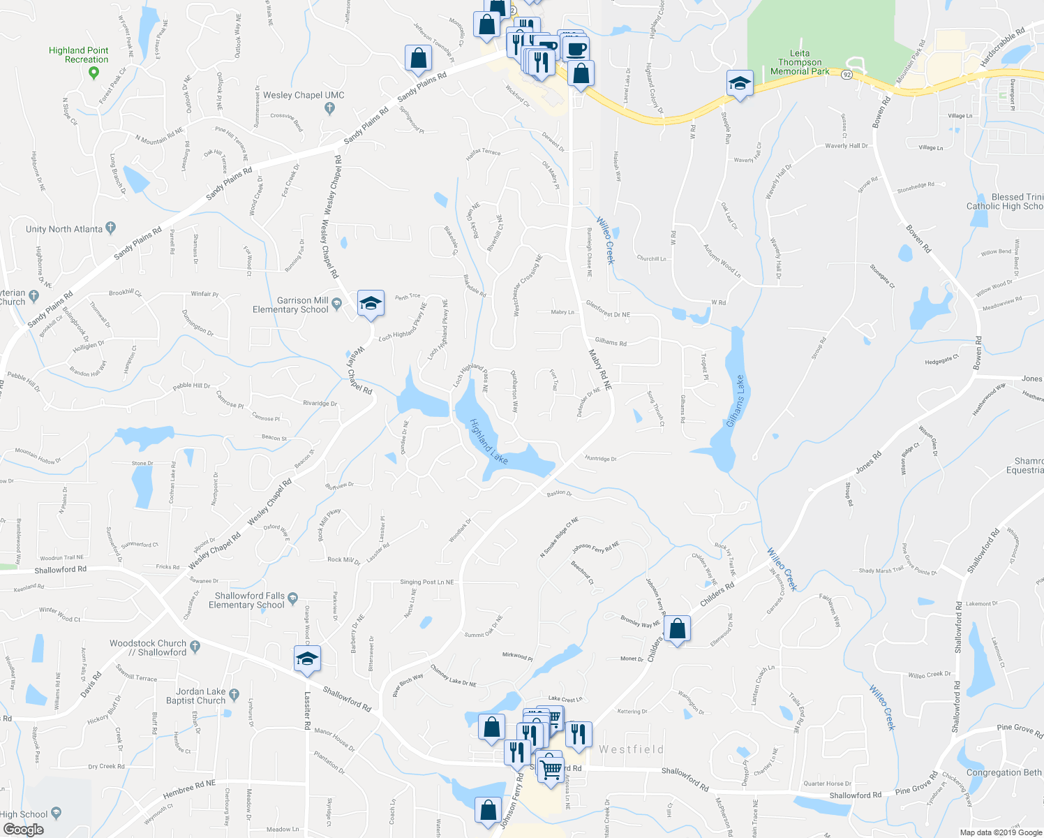 map of restaurants, bars, coffee shops, grocery stores, and more near 3924 Dunbarton Way in Roswell