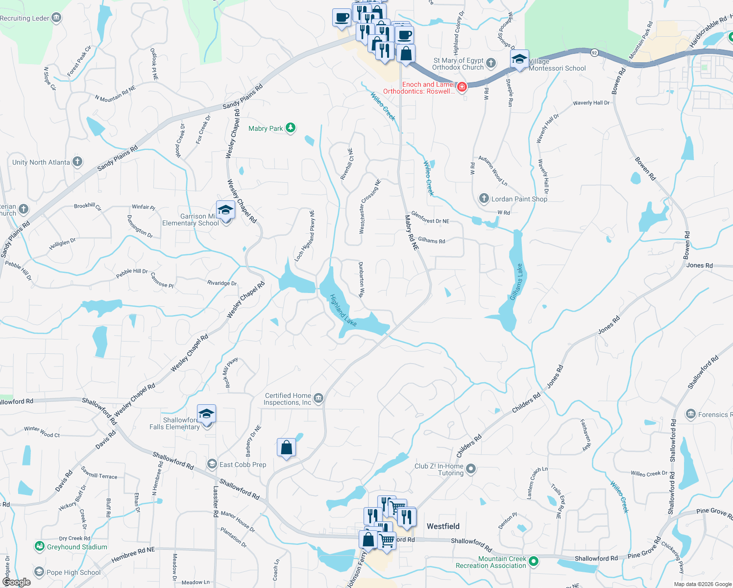 map of restaurants, bars, coffee shops, grocery stores, and more near 3924 Dunbarton Way in Roswell